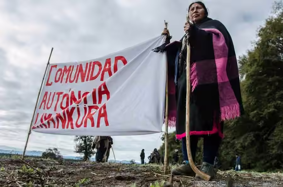 Mujer mapuche sostiene un lienzo de la comunidad Likankura
